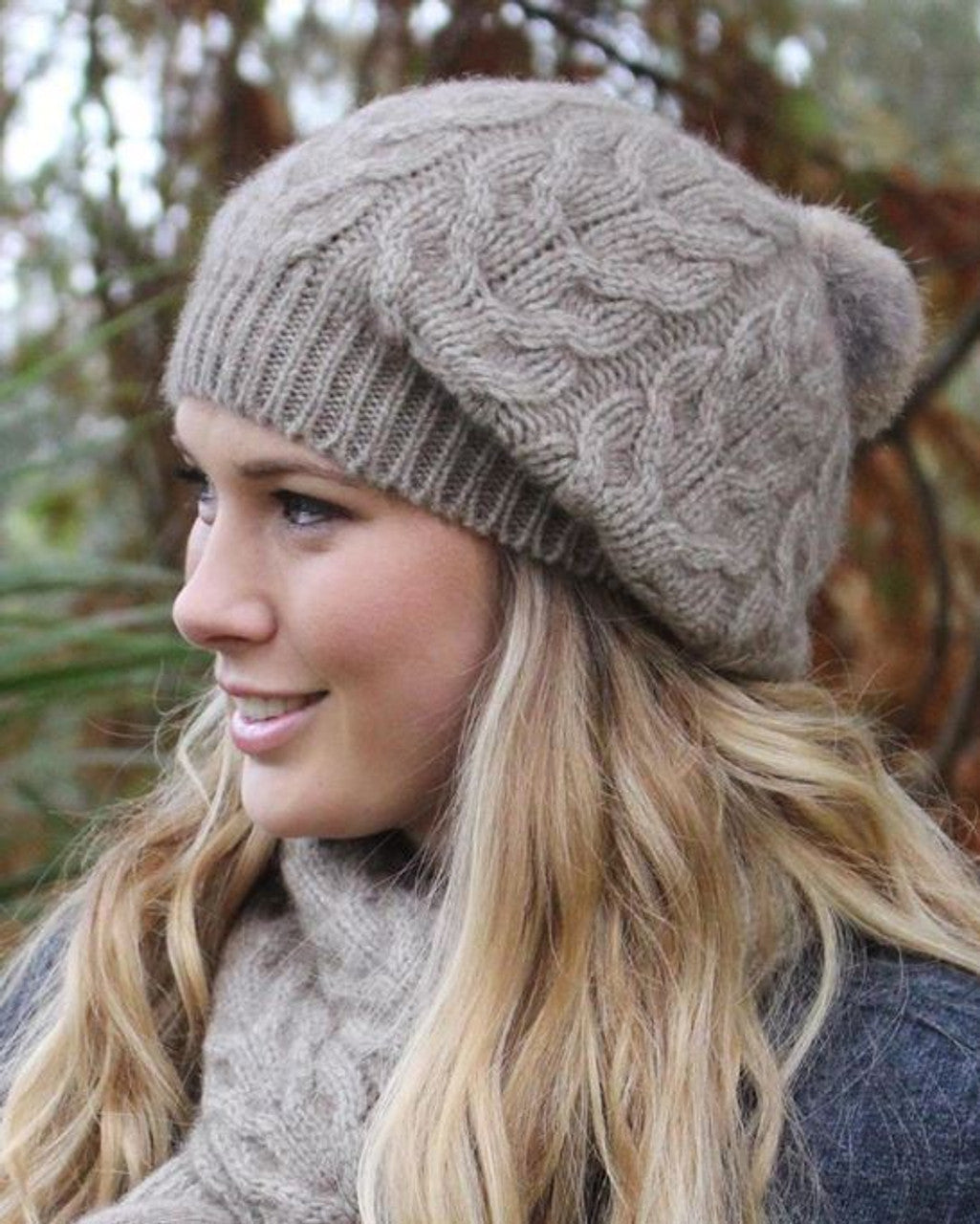 Merino Possum Relaxed Cable Beanie with Rabbit Fur Pompom