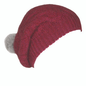 Merino Possum Relaxed Cable Beanie with Rabbit Fur Pompom