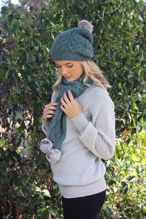 Merino Possum Relaxed Cable Beanie with Rabbit Fur Pompom