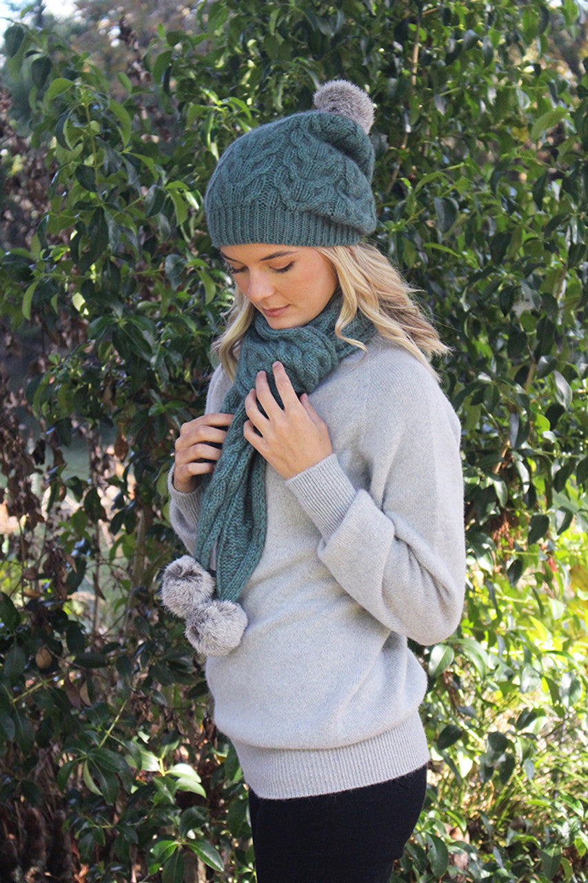 Merino Possum Relaxed Cable Beanie with Rabbit Fur Pompom