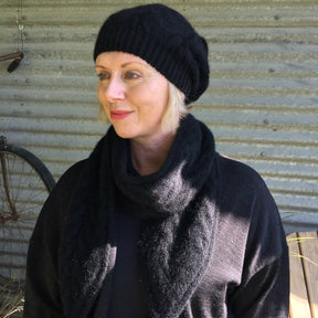 Merino Possum Relaxed Cable Beanie with Rabbit Fur Pompom