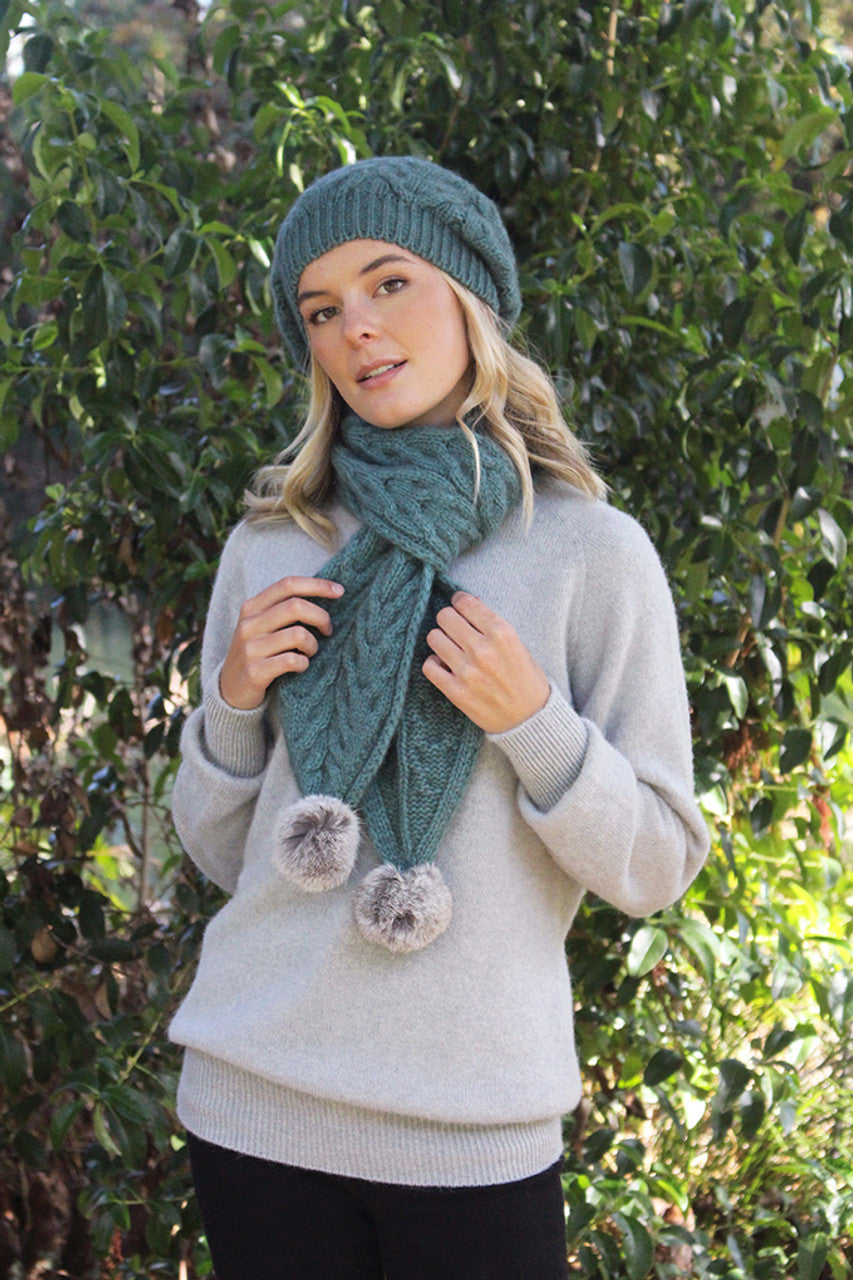 Merino Possum Relaxed Cable Beanie with Rabbit Fur Pompom